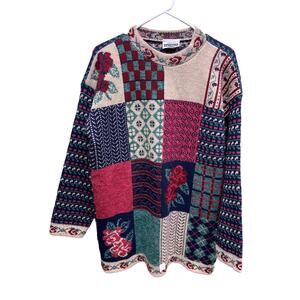 Vintage Kitsch Grannycore Cottagecore Sweater Roses Patchwork Design M NWOT